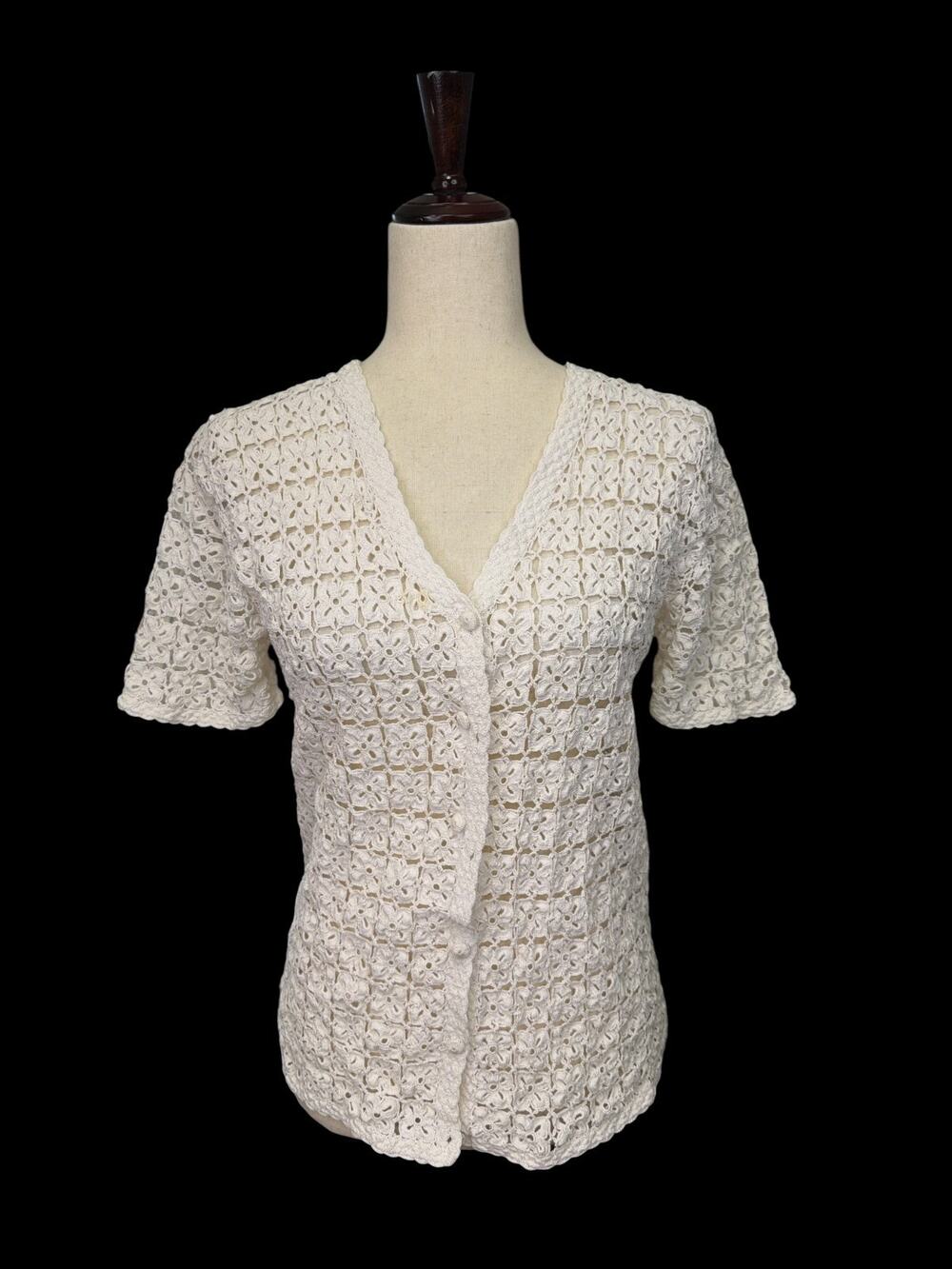 Vintage 1970s Hand Crocheted Open Knit Button Front Short Sleeve Cardigan Top M